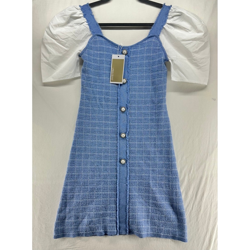 Urban Revivo Blue Tweed Knit Puff Sleeve Mini Dress Pearl Button US 8 NEW